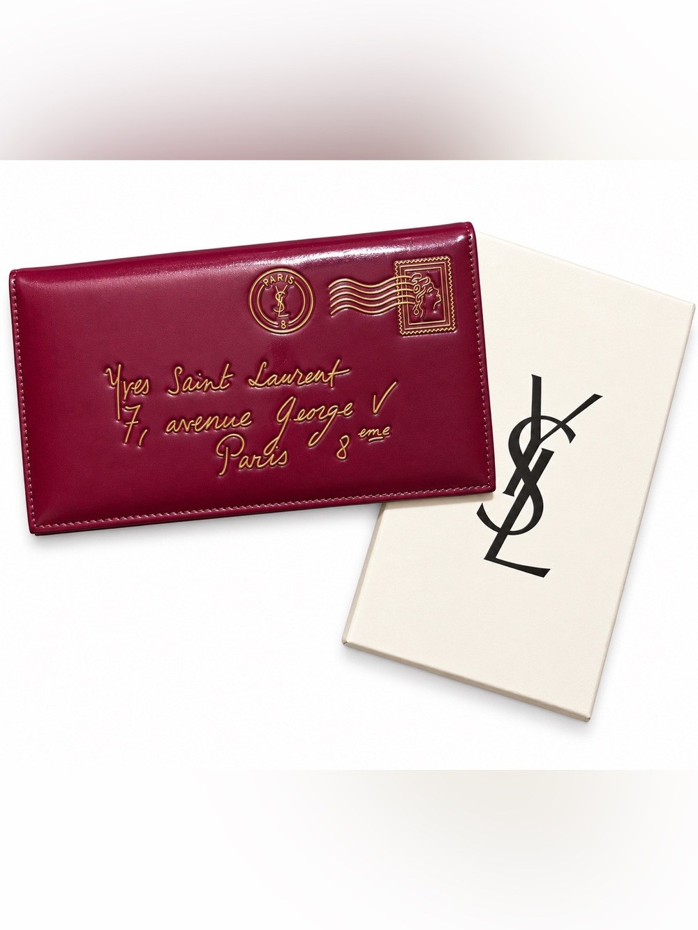 Yves Saint Laurent YSL Vintage Envelope Passport Holder Clutch Burgundy Gold